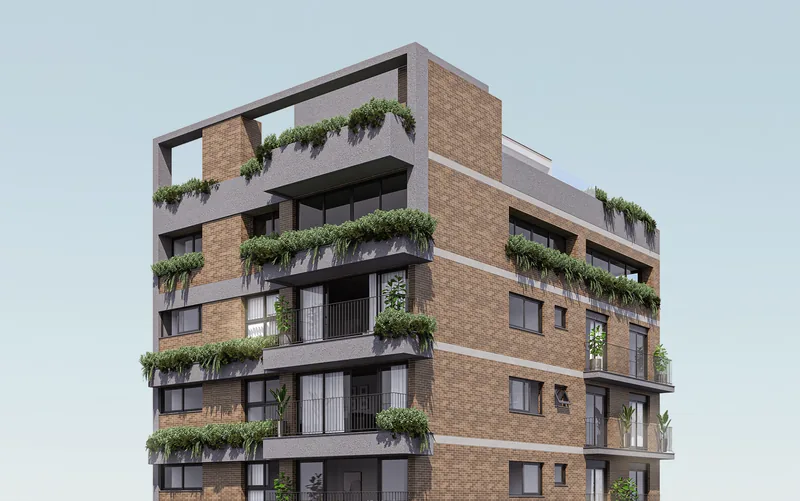 Render vertical da fachada do Roca 815 destacando o edifício em meio ao bairro Bela Vista, Porto Alegre